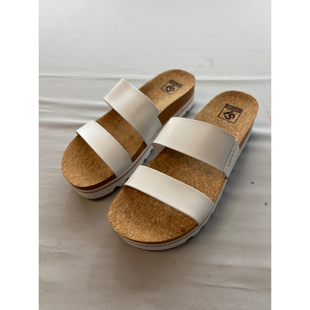 USTOGI White Two Strap Platform Slide Sandals Cork Footbed Womens Size 9 EUR 40